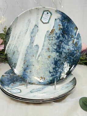 Intesa Home Blue Green Gold Splatter White Porcelain Dinner Plates Set 4 10.5"
